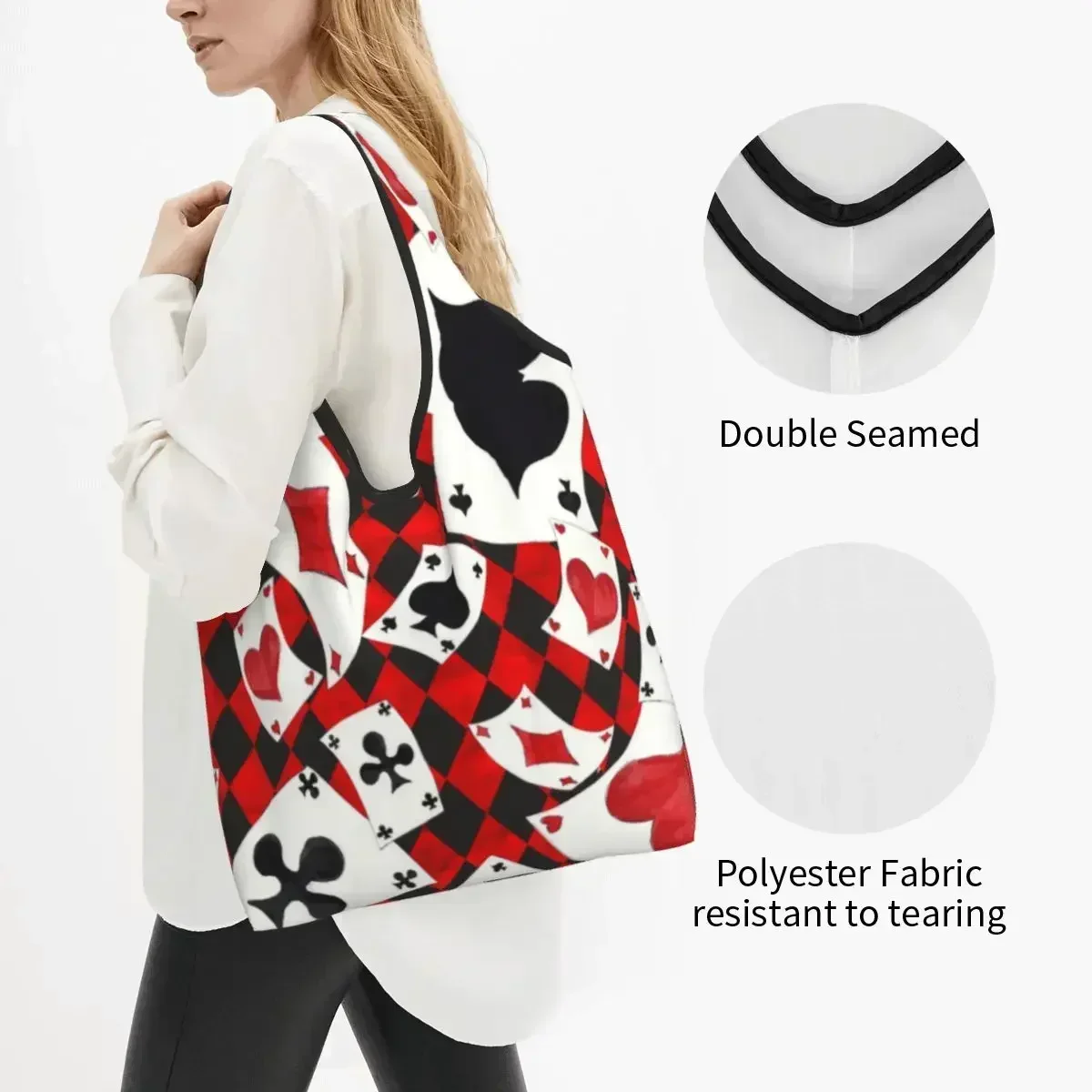 Recycling Cool Poker Playing Cards Pattern Shopping Bag Women Tote  Portable Gambling Card Game Grocery Shopper s