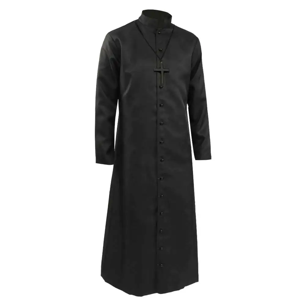 Men Priest Black Robe Cosplaly Costume Medieval Clergy Stage Clothes Cross Necklace Chain Outfits Male Roleplay Halloween Suit