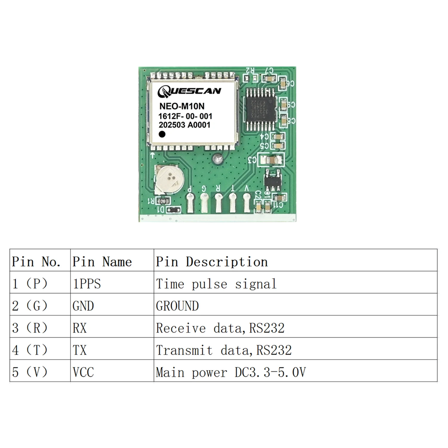 QUESCAN RS232 GPS GNSS Module with PPS NMEA 0183 GPS GLONASS Galileo BeiDou Antenna Receiver RS-232 NMEA0183 1-25Hz 3.3V-5V