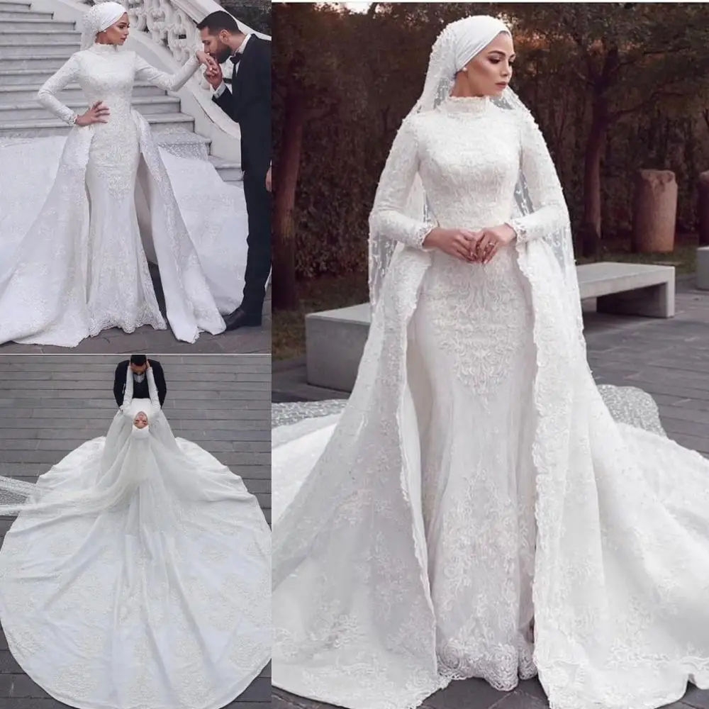 

Modest Muslim Mermaid Wedding Dresses with Detachable Train Lace Appliques Overskirt Bridal Gowns Hijab Court Train Vintage Robe