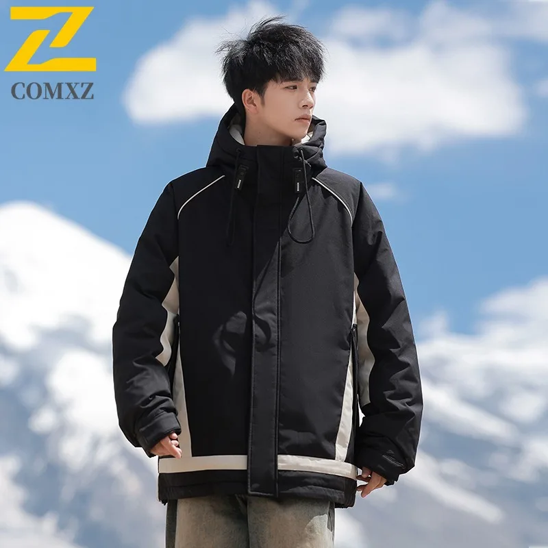 

COMXZ теплая ветрозащитная куртка-пуховик с толстым капюшоном в корейском стиле, лыжная зимняя куртка, уличный минималистичный пуховик, мужская одежда