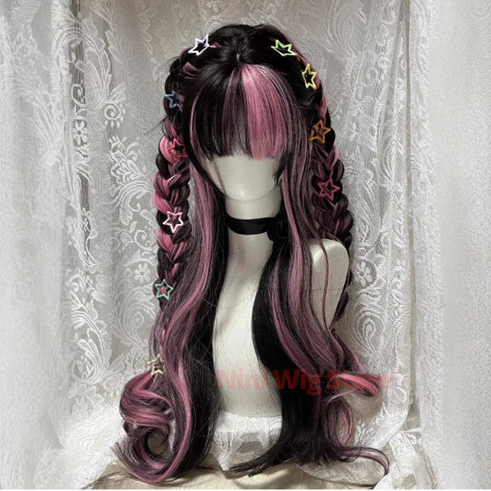 Black Pink Long Wave Lolita Wig with Bangs Curly Hair Synthetic Wigs for Women Cosplay Party Halloween Daily Use Heat Resistant