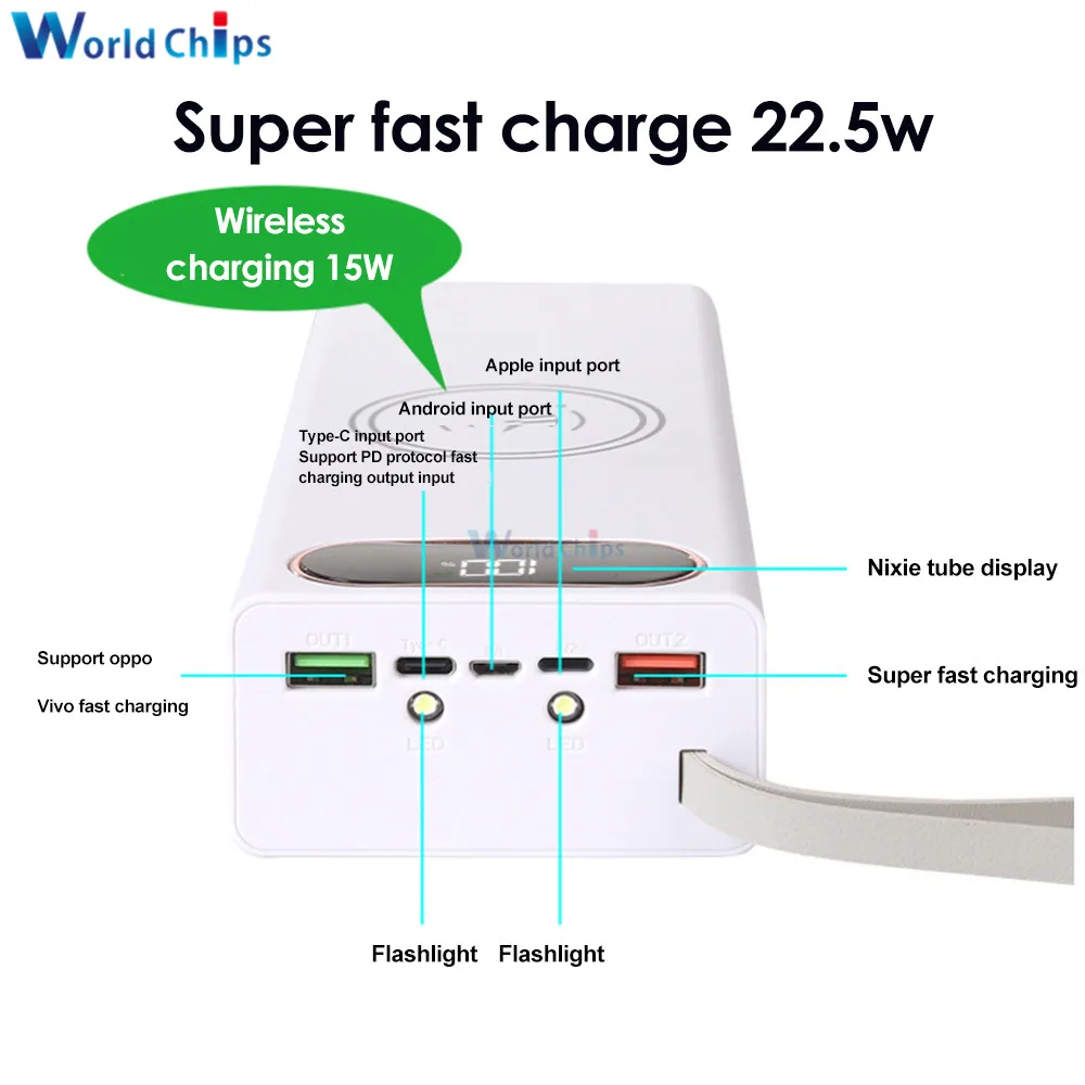 Removable 16*18650 Power Bank Case Welding Free Set Material QC3.0 Wireless Charge 22.5W+15W 10W+5W Dual USB Charging Box