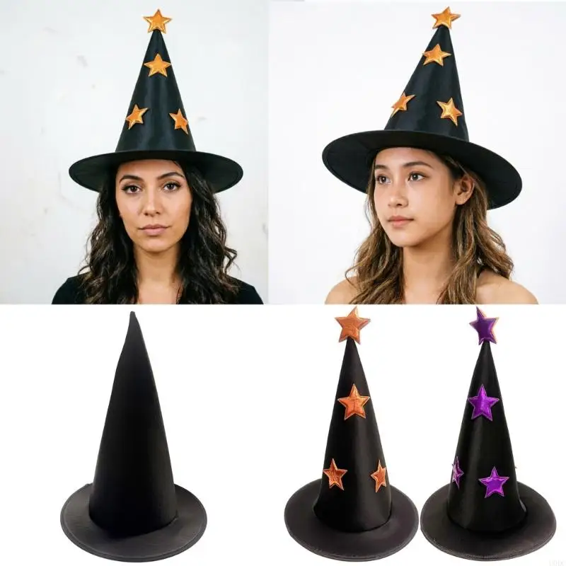 Pointed Witch Hat for Halloween Costume Wear with Broad Black Fabric Body and Star Trim Party Y166