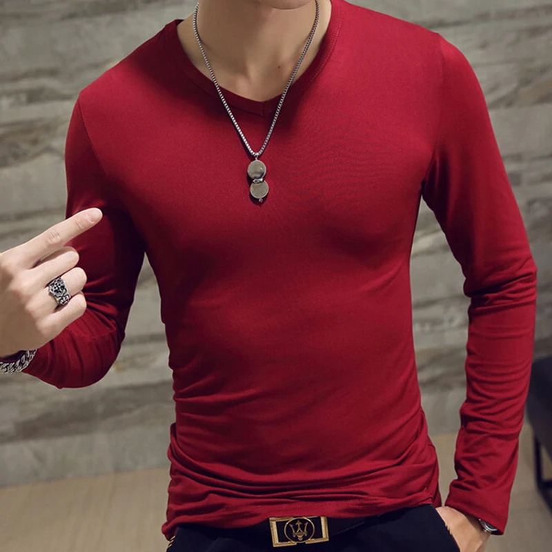 Trendy Men T Shirt Casual Long Sleeve Slim Men\'s Basic Tops Tees Summer Stretch T-shirt Mens Clothing Chemise Homme