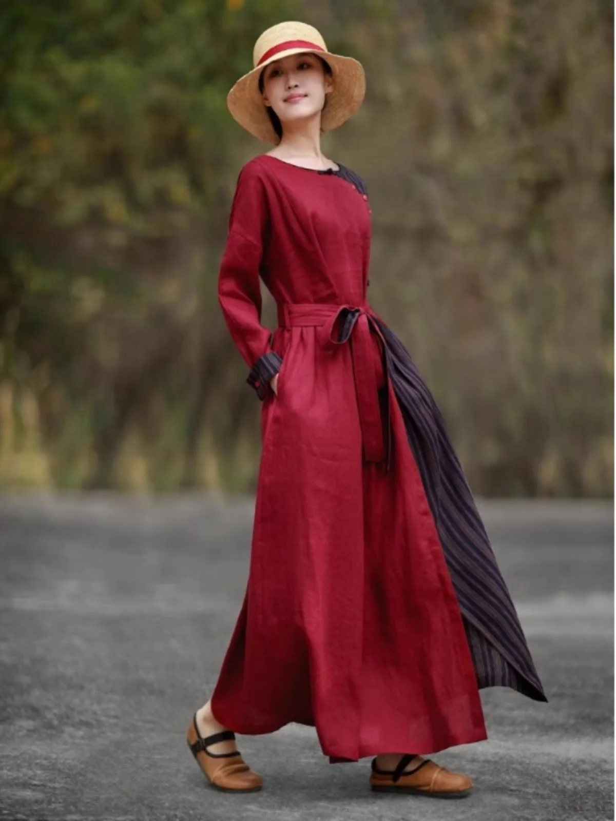 เสื้อผ้าฝ้ายลินินแขนยาวทรงเอสำหรับผู้หญิง ฤดูใบไม้ร่วง ลายบล็อกสี ดีไซน์วินเทจ แต่งกระดุม