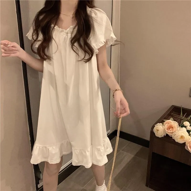 Spring Autumn Women Cute Ruffles Nightgowns Lady Sweet Princess Style Lace Court Loungewear Girls Loose Over Knee Homewear