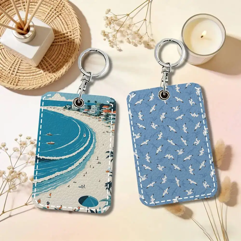 Vintage Maritime Surfing Beach Card Case Keychain Access Card Bag Key Tag Ring Leather Card Holder Key Ring Access