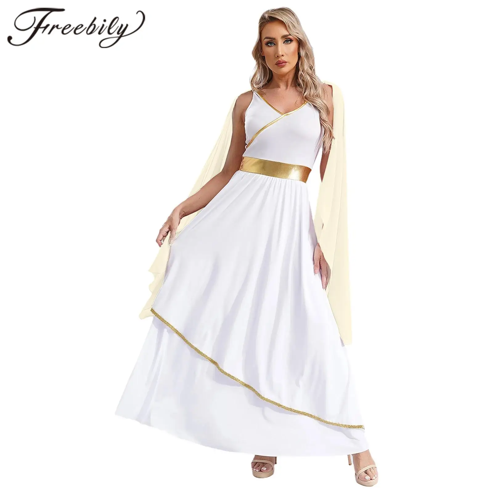 

Womens Greece Roman Queen Robe Ancient Greek Dress Carnival Halloween Costumes Sleeveless Gold Trims Toga Liturgical Dance Dress