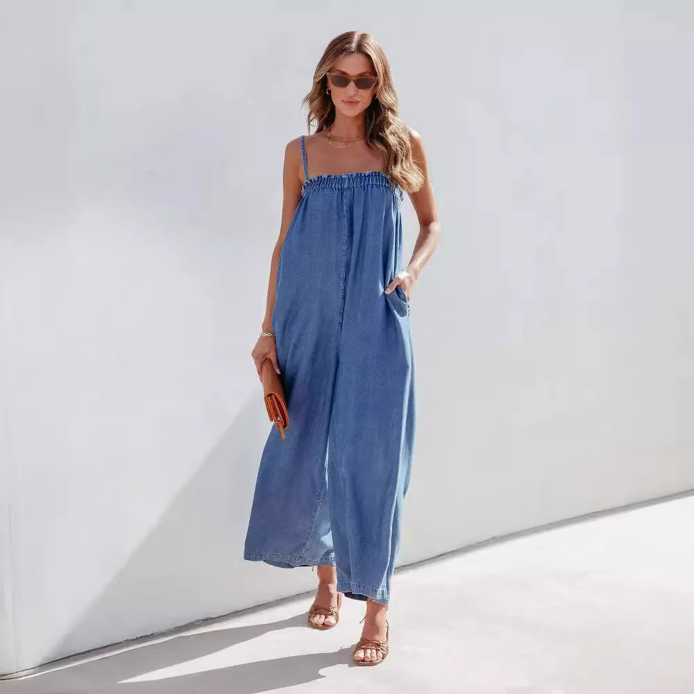 Summer Loose High Waisted Fashionable Camisole Jumpsuit Wide Leg Pants with Cropped Casual Shoulder Straps