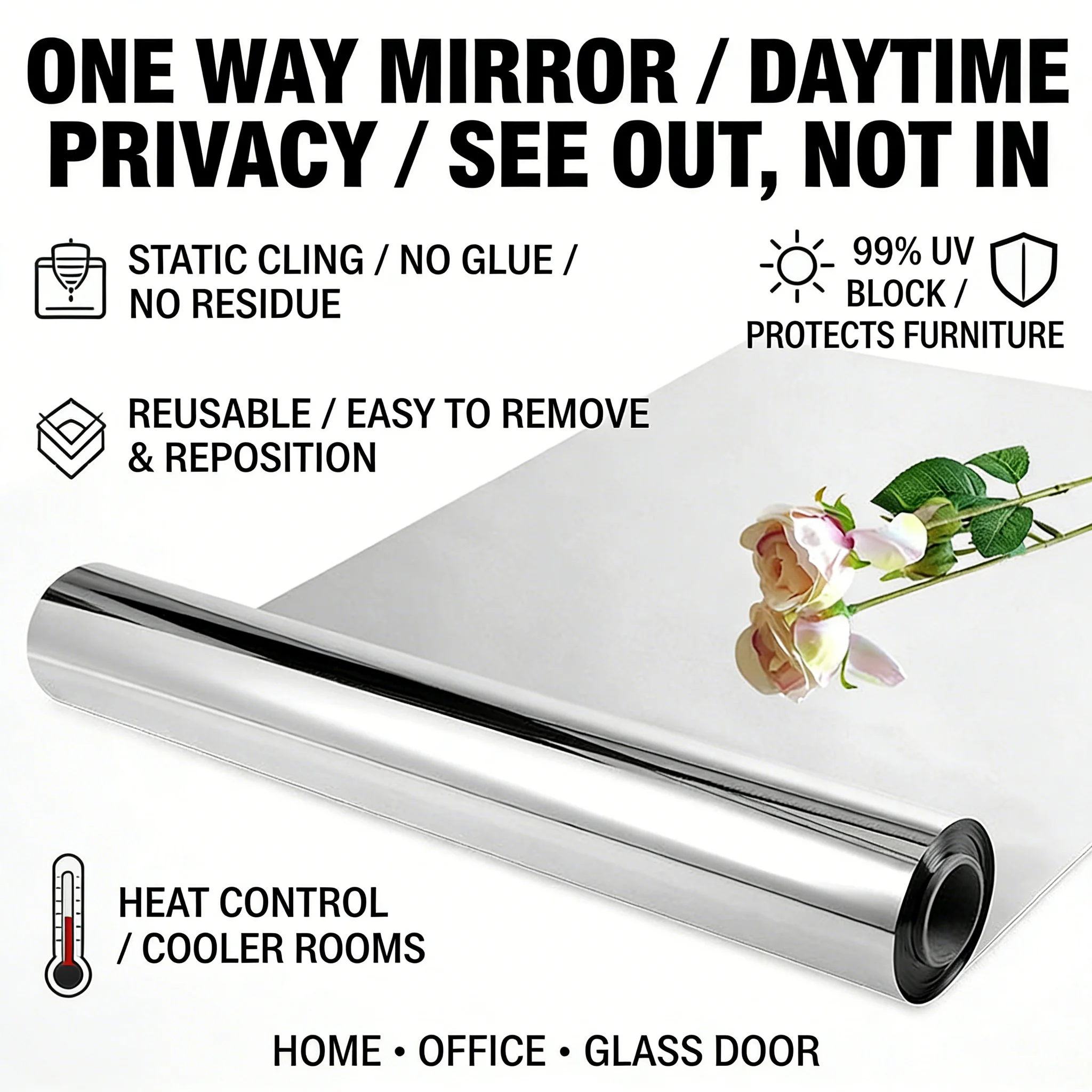 One Way Mirror Window Film Daytime Privacy Static Cling Non-Adhesive Heat Control Anti UV for Home Office Glass Door