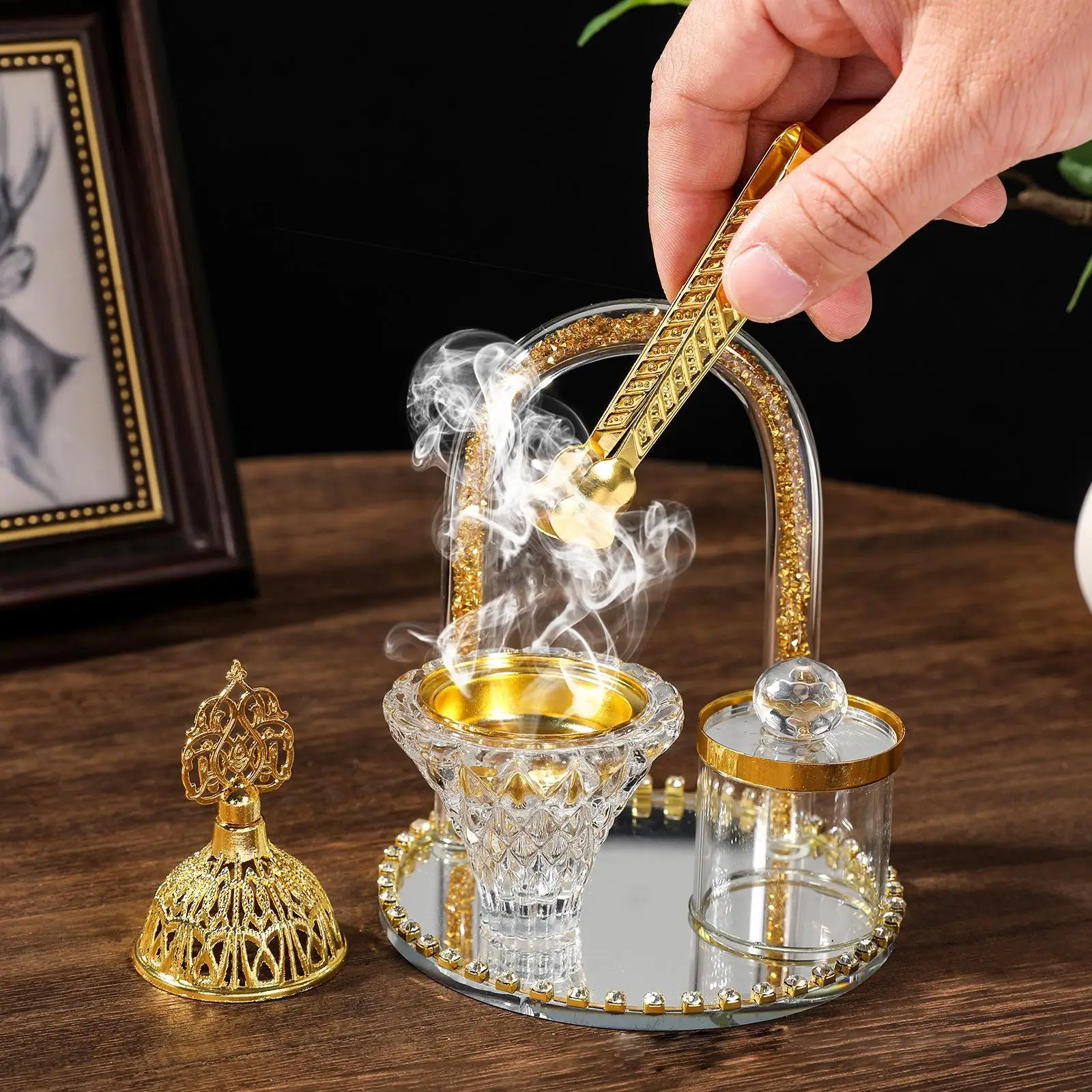 Arabic Incense Burner Incense Holder with Tray Spice Jar Clip Artwork Home Decor for Spa Meditation Teahouse Festival Birthday