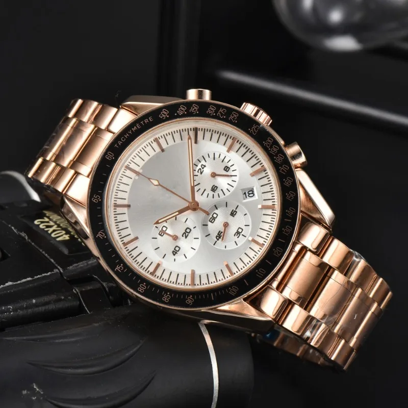 Luxury Men's Watch Business Speedmaster Series Moon Watch Rose Metal Strap Calendar Speed Measurement Full Function Quartz Watch