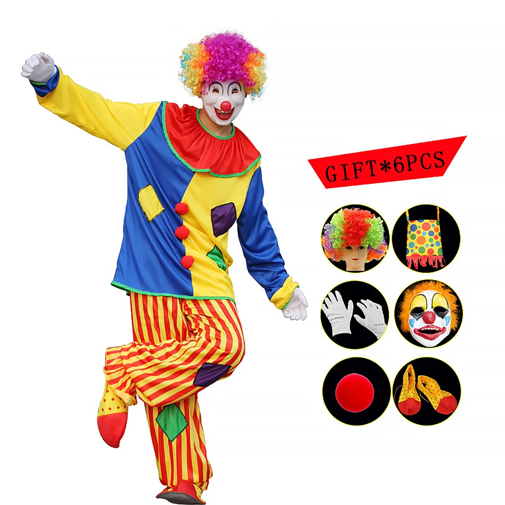 Carnaval Volwassen Mannen Vrouwen Circus Clown Kostuum Met Masker Schoenen Pruik Handschoenen Tas Clown Grappig Kostuum