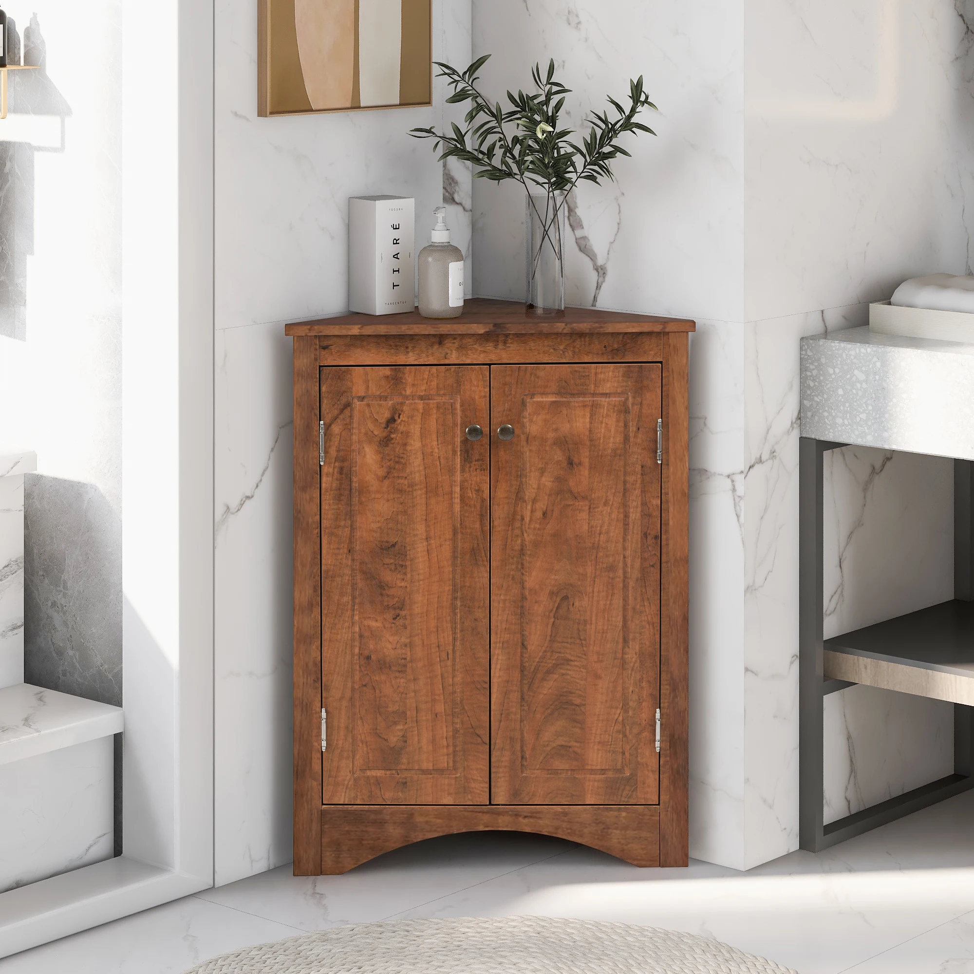 US Warehouse Brown Triangle Bathroom Storage Cabinet with Adjustable Shelves, Freestanding Floor Cabinet for Home
