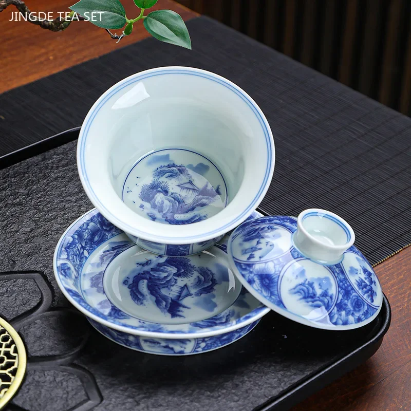 Luxuosa cerâmica gaiwan xícara de chá artesanal tigela de chá chinês azul e branco porcelana acessórios de utensílios de chá drinkware 150ml