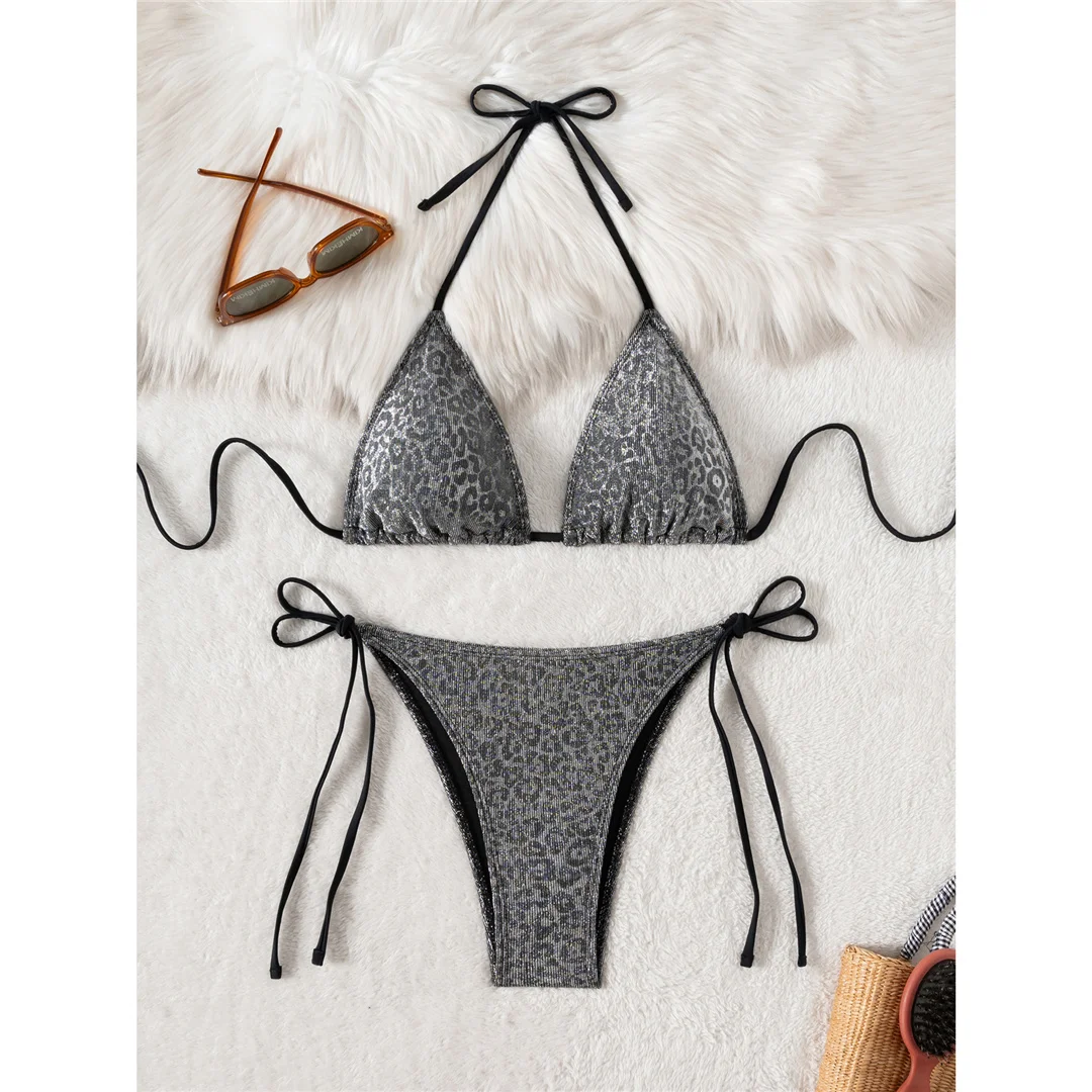 Funkelnder Leoparden-Halter-Bikini, Damen-Badeanzug, zweiteiliges Bikini-Set, Badeanzug mit hohem Beinausschnitt, Badebekleidung, Modell V7182. – Detail 9