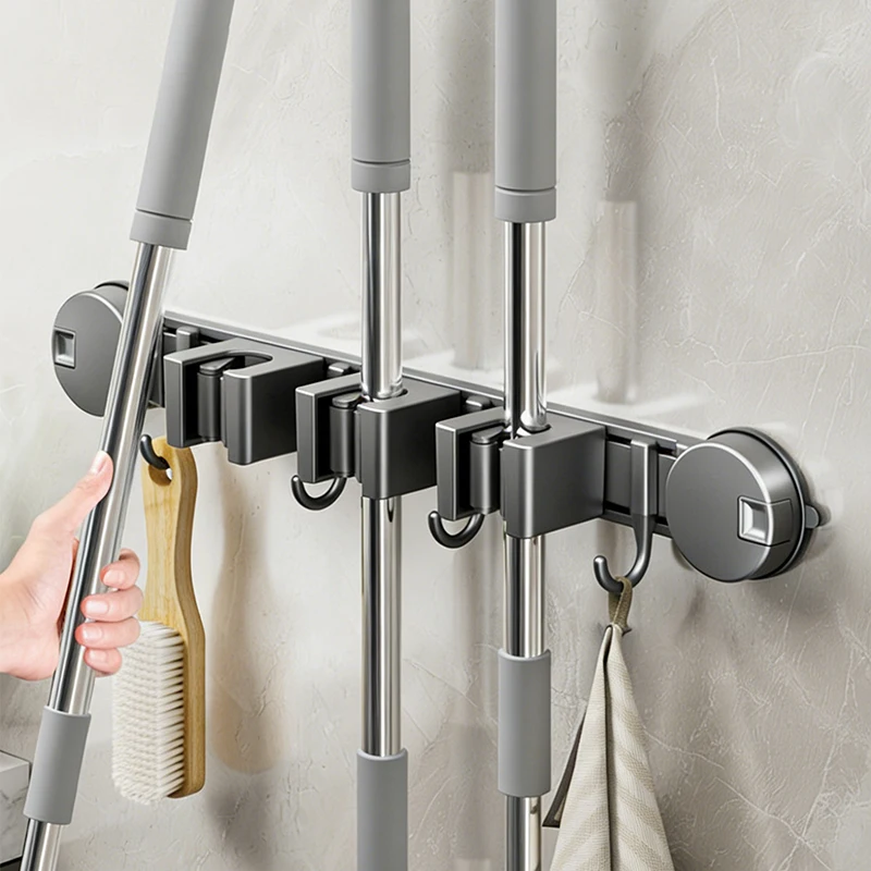 Bathroom Suction Cup Movable Mop Clip Holder Wall Mounted Multi-Functional Kitchen Storage Rack Garage Garden Tools Organizer