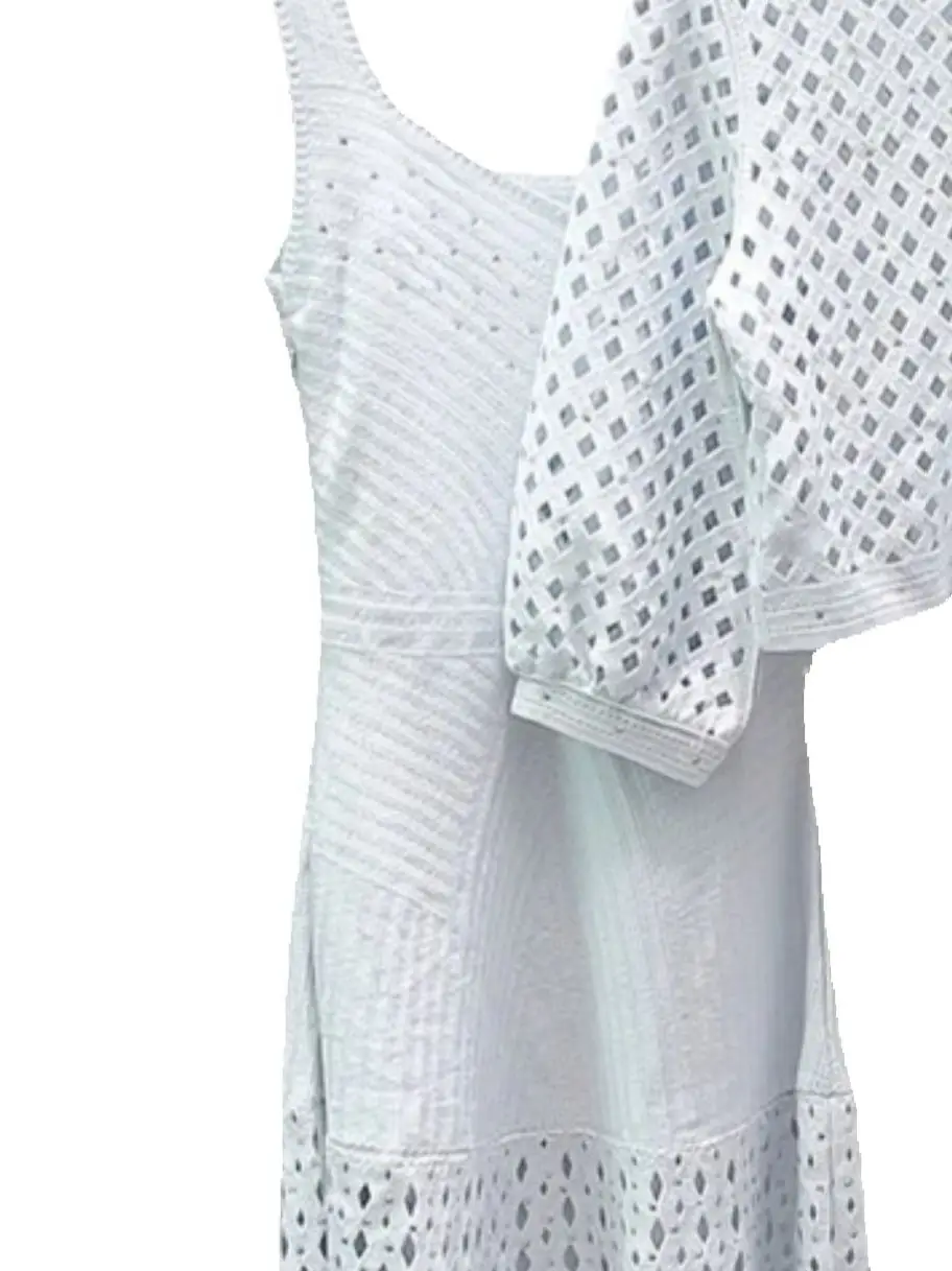 

Spring/Summer Women O-Neck Crochet Hollow Solid Knit Set Three-quarters Sleeve Cardigan + Sleeveless Hign Waist Maxi Dress