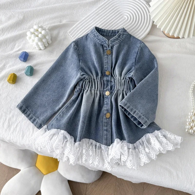 

Children's Denim Jacket New Autumn Fashionable Lace Trim Long Sleeve Denim Dress for Girls