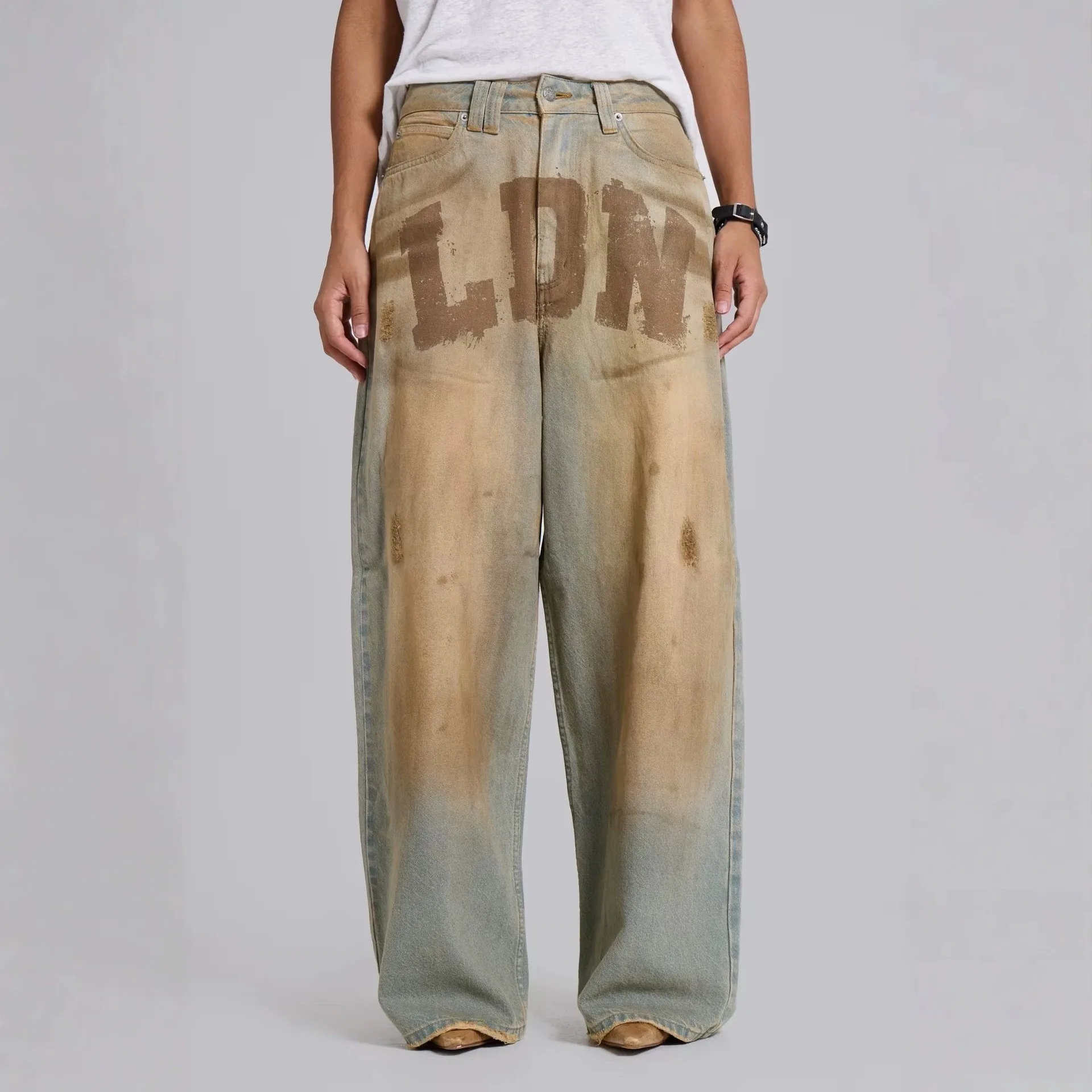 Y2K Cross-Border Vintage Washed Letter Print Denim Jeans High Waist Cotton Straight Leg Men's Streetwear Jaded Long Trousers