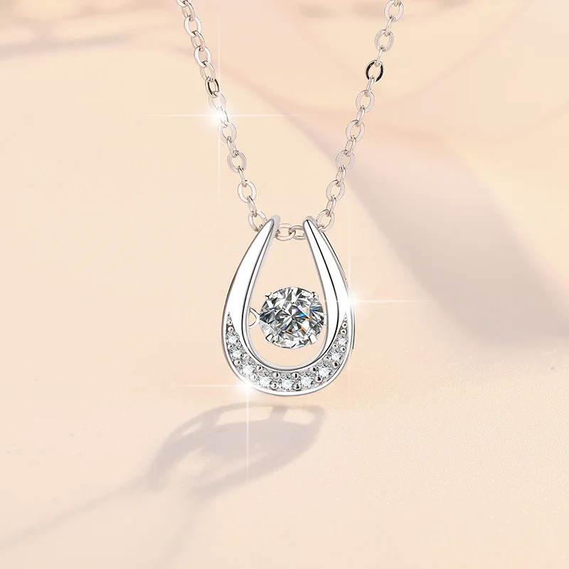 925 Silver Mosonite Fashion Necklace U-shaped Women's Horseshoe Jumping Heart Lock Bone Chain Pendant Wedding Jewelry