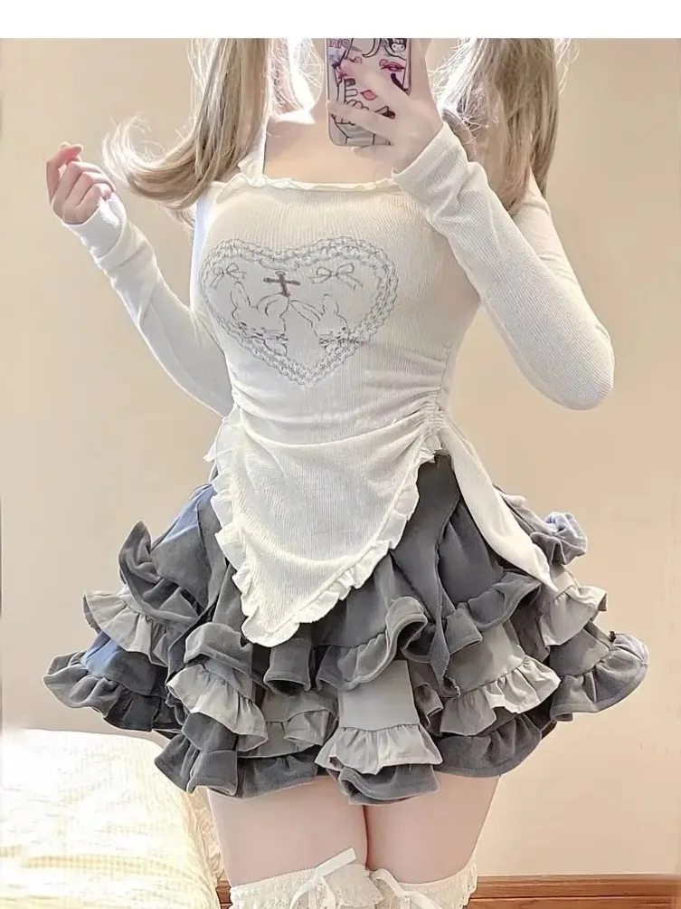 Japonês kawaii feminino doce coelho conjunto de duas peças impressão bonito saia terno feminino coreano fino outono topos + princesa bolo saia 2023