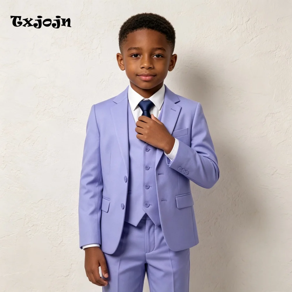 Formal Suit Set for Boys Trend Lavender Wedding Tuxedo 3 Piece Jacket Pants Vest Kids Blazer Set Slim Fit Tailored Outfit