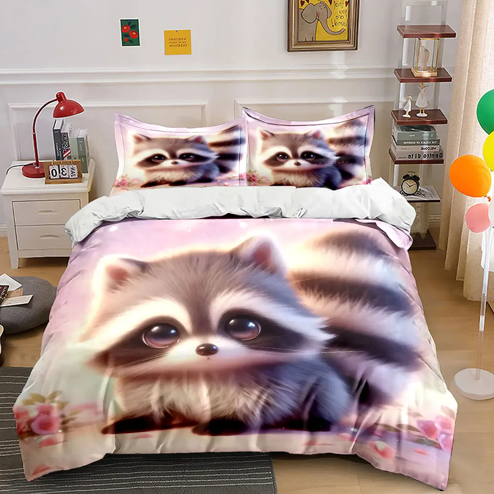 Adorable raccoon with pink background Bedding Set for Kids Luxury Gift 3pcs Digital Print Comforter Set Soft Comfortable
