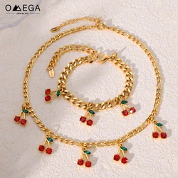 316L Stainless Steel Cuban Chain Necklaces Bracelet For Women No Tarnish Small Cherry Pendant Necklace Bracelets Jewelry Set