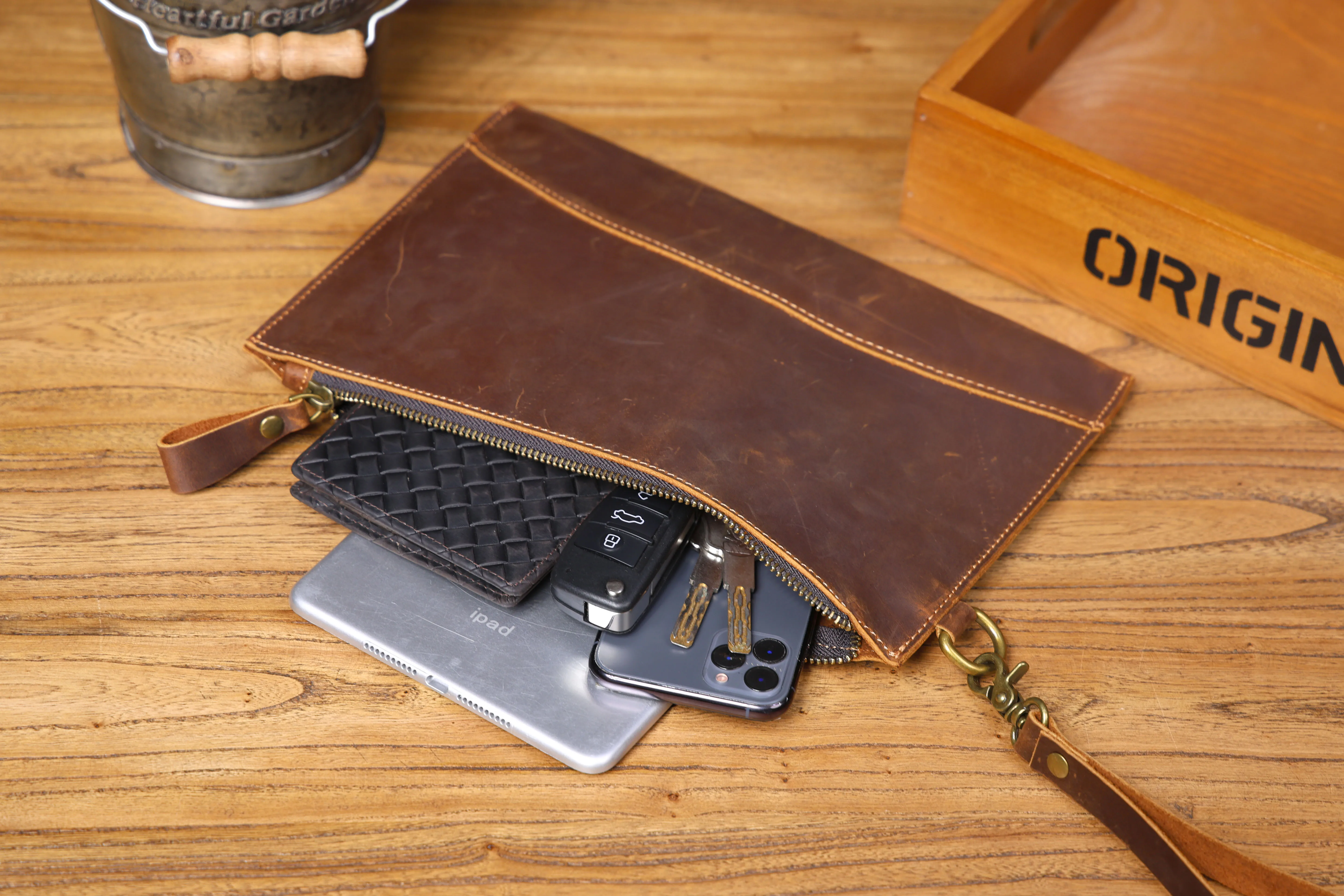 Vintage Echtleder Herren-Clutch-Tasche Lange Geldbörse für Männer Erstklassiges Leder Retro-Kartenhalter Handyhalter – Detail 22