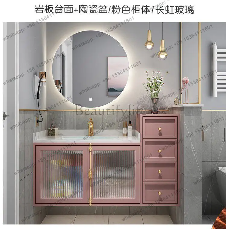 Light luxury modern American wall cabinet oak bathroom cabinet combination intelligent rock slab double basin washstand