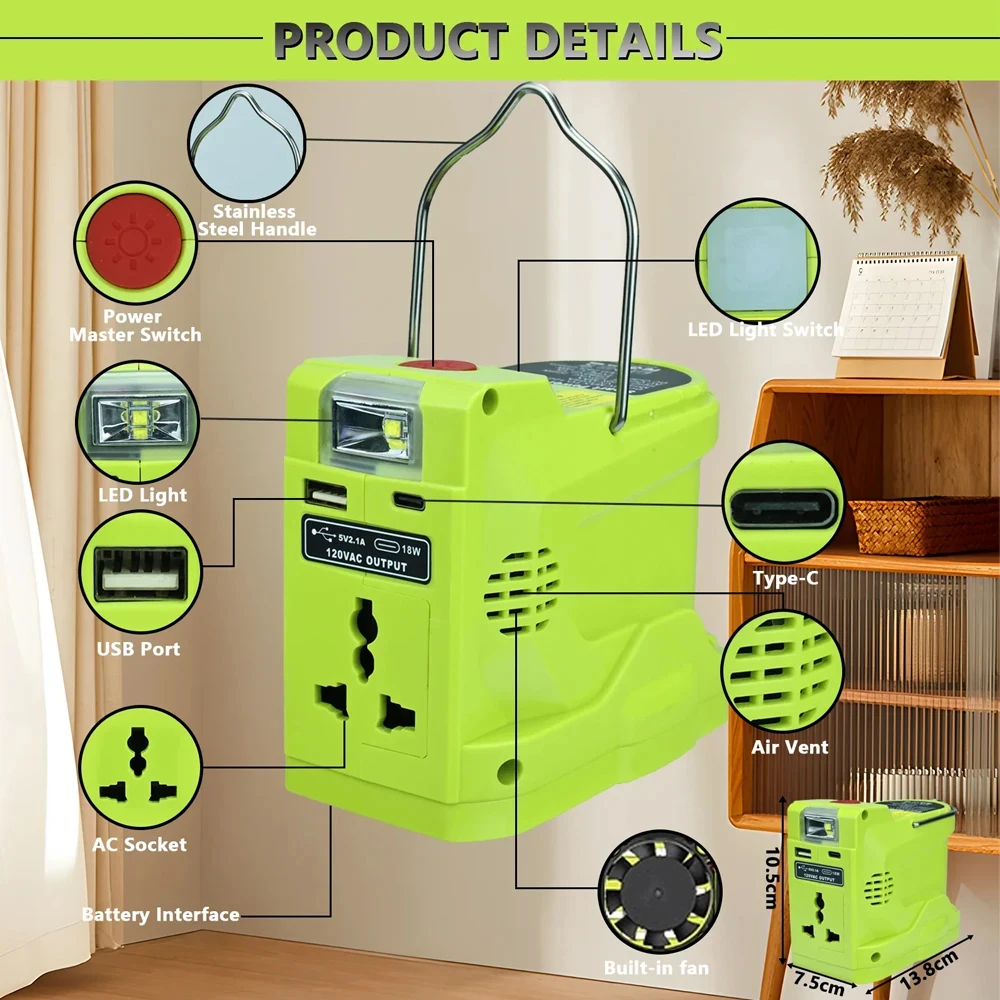 Imagem -02 - Adaptador de Bateria Ryobi com Porta Usb Ganchos Elevadores Ferramenta Elétrica Conversor Luz Led 220v
