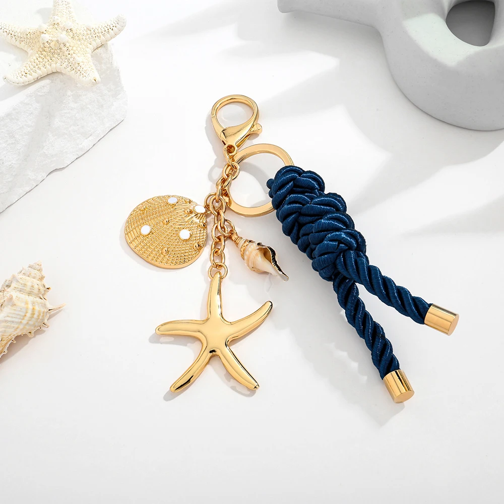 Starfish Gold Bag Charm Keychain for Women Beach Ocean Shell Braided Rope Purse Charms Fashion Bags Handbag Pendant Accessories