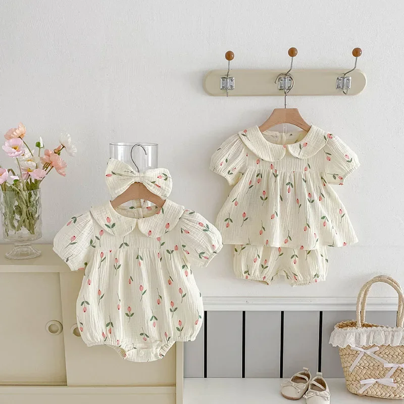 2026 Summer New Cotton Linen Infant Tulip Bodysuit with Hair Band Floral Comfort Newborn Girls Shirt +Shorts Clothes Set