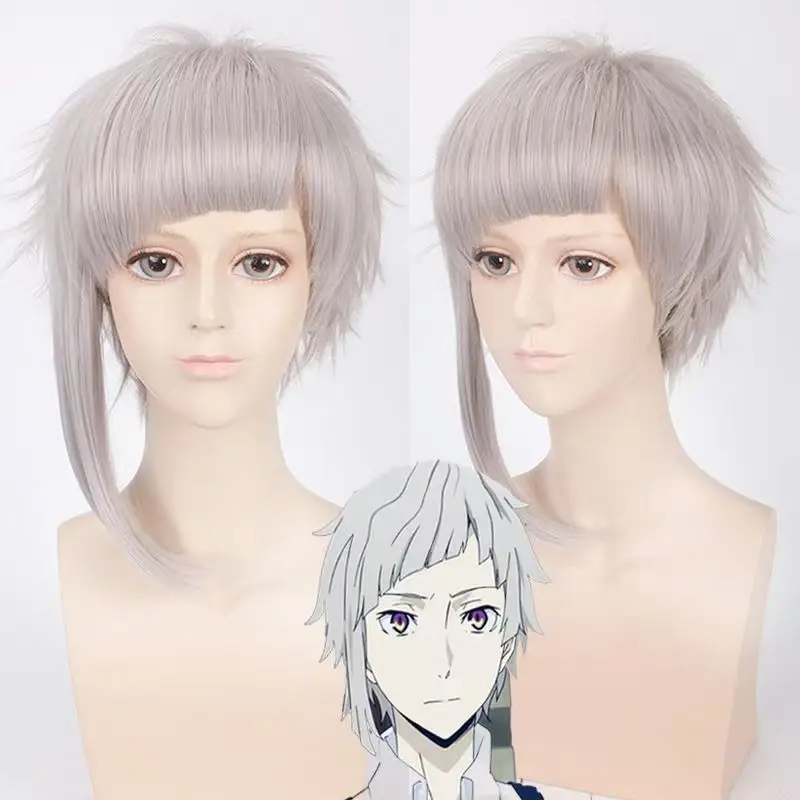 

Anime Bungo Stray Dogs Atsushi Nakajima Cosplay Wig Short Silver Gray Heat Resistant Synthetic Wigs With Rose net