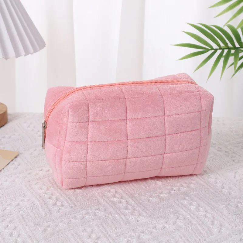 Solid Color Soft Fluffy Fur Large Capacity Zipper Cosmetic Handbag,Travel Toiletry Multi-purpose Stationery Pencil Case