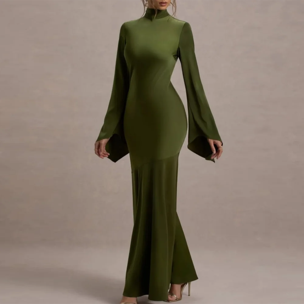 

Customized Tight Fitting A-Line Prom Dresses Ankle-Length High-Neck Full Sleeve Evening Gown Fashion Draped Bow Party Gown