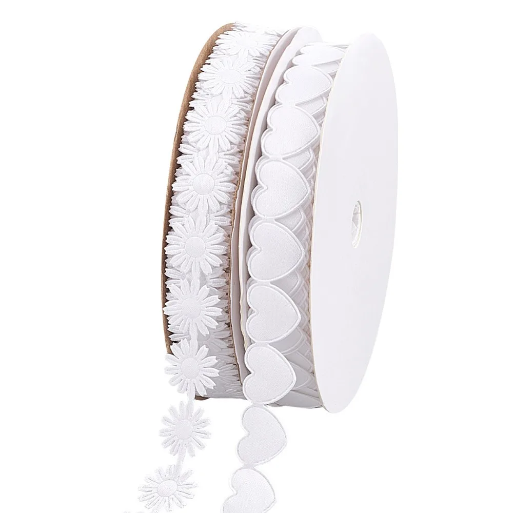 2 Rolls 2 Styles Heart Flower Polyester Lace Ribbon White 5/8~3/4 inch(16~18mm) 1 roll/style