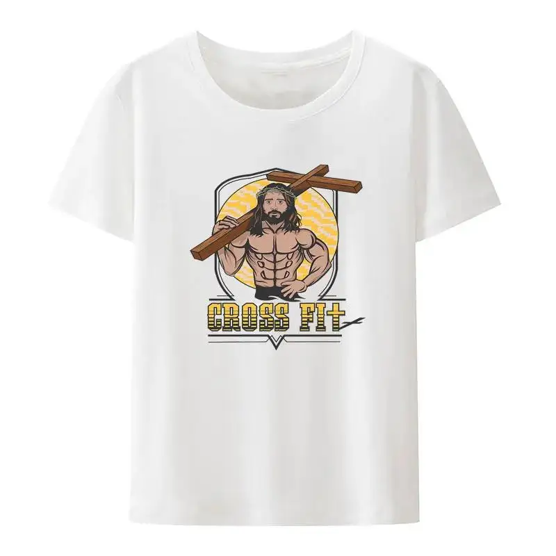 Jesus Cross Fit Graphic Print T Shirt Men Women Funny Gym Enthusiast Casual Short Sleeve Plus Size T Shirt Unisex