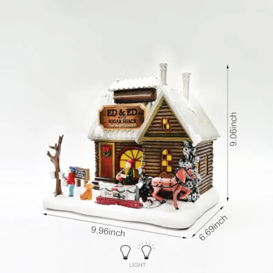 Light Up Sugar Shack Christmas Village House Hand-Painted Polyresin Cabin Scene with Horse and Dog Winter Holiday Décor Battery