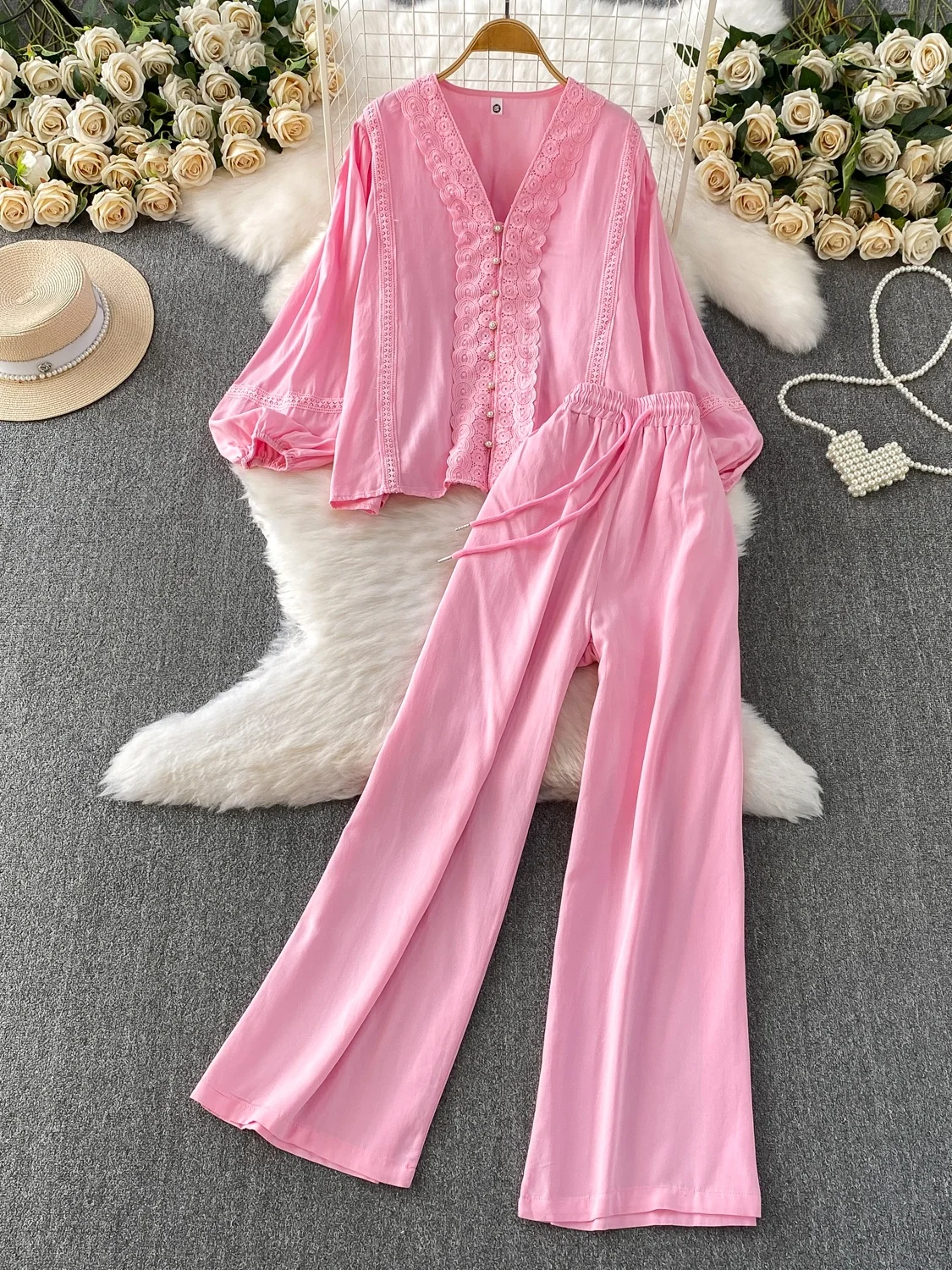 الوردي الثقيلة التطريز الدانتيل لصق عارضة عالية الخصر ضئيلة واسعة الساق السراويل مجموعة مع فانوس Sve irt لطيف الرياح Sle #1