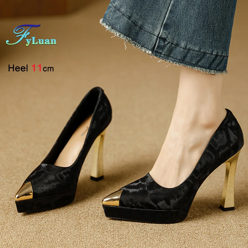 

2026 Fashion Spring Autumn Black Leopard Print Women's Shoes Thin Heels 11cm Pointed Toe Shallow Mouth Ladies Pumps Party Shoes