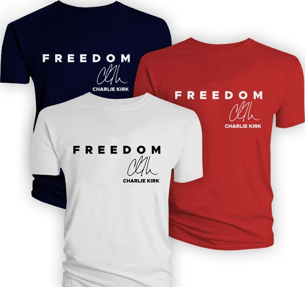 

Charlie Kirk ‘Freedom’ Signature Red T-Shirt Political Statement Graphic Tee Unisex Casual Top for Freedom Advocates Supporters