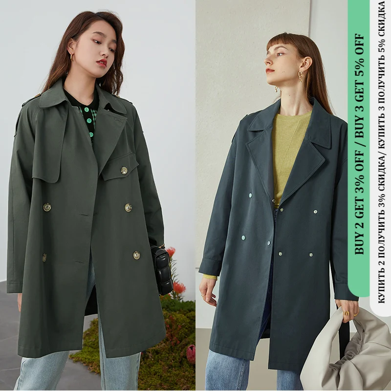 

FSLE Khaki Women Trench Coat Autumn Winter Turn Down Collar Brown Trench Blue Trench Causal Full Sleeve Belt Long Trench