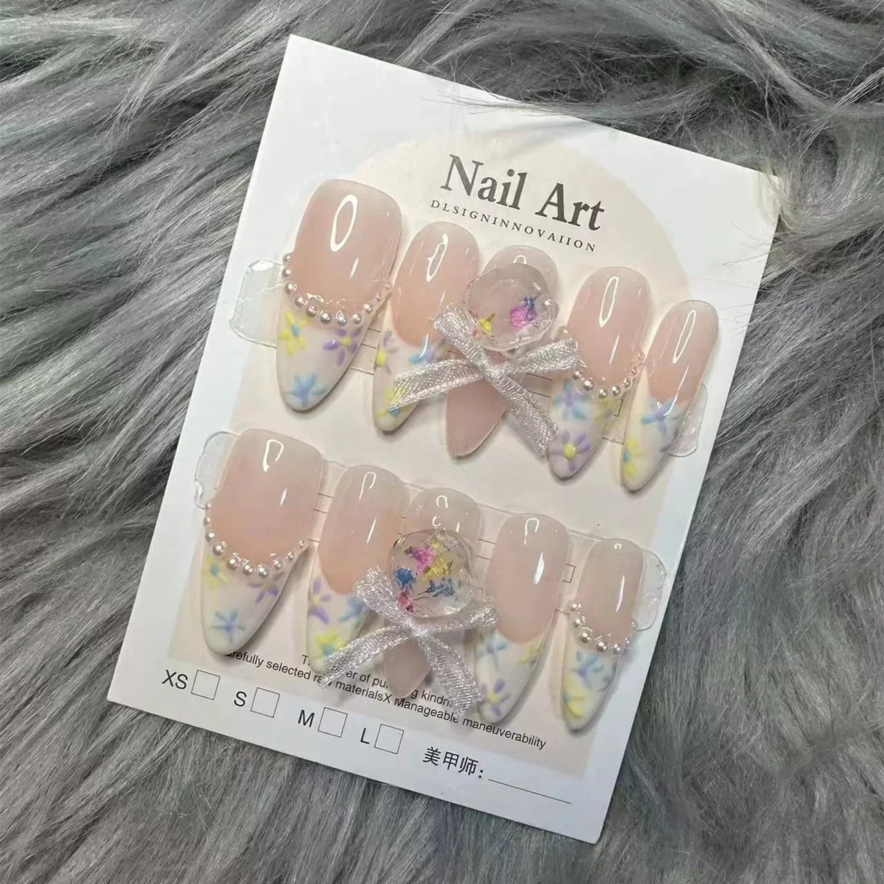 10PCS Gradient Pink Long Almond press on nails French handmade fake nail tips with Little Snake Design Full Cover false nails