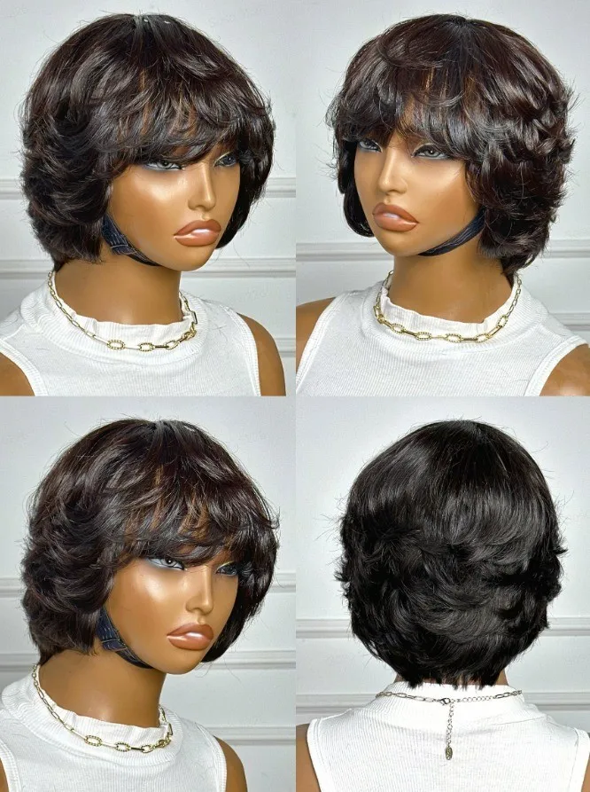 

Glueless short pixie wavy Peruvian non lace wig. with fringe