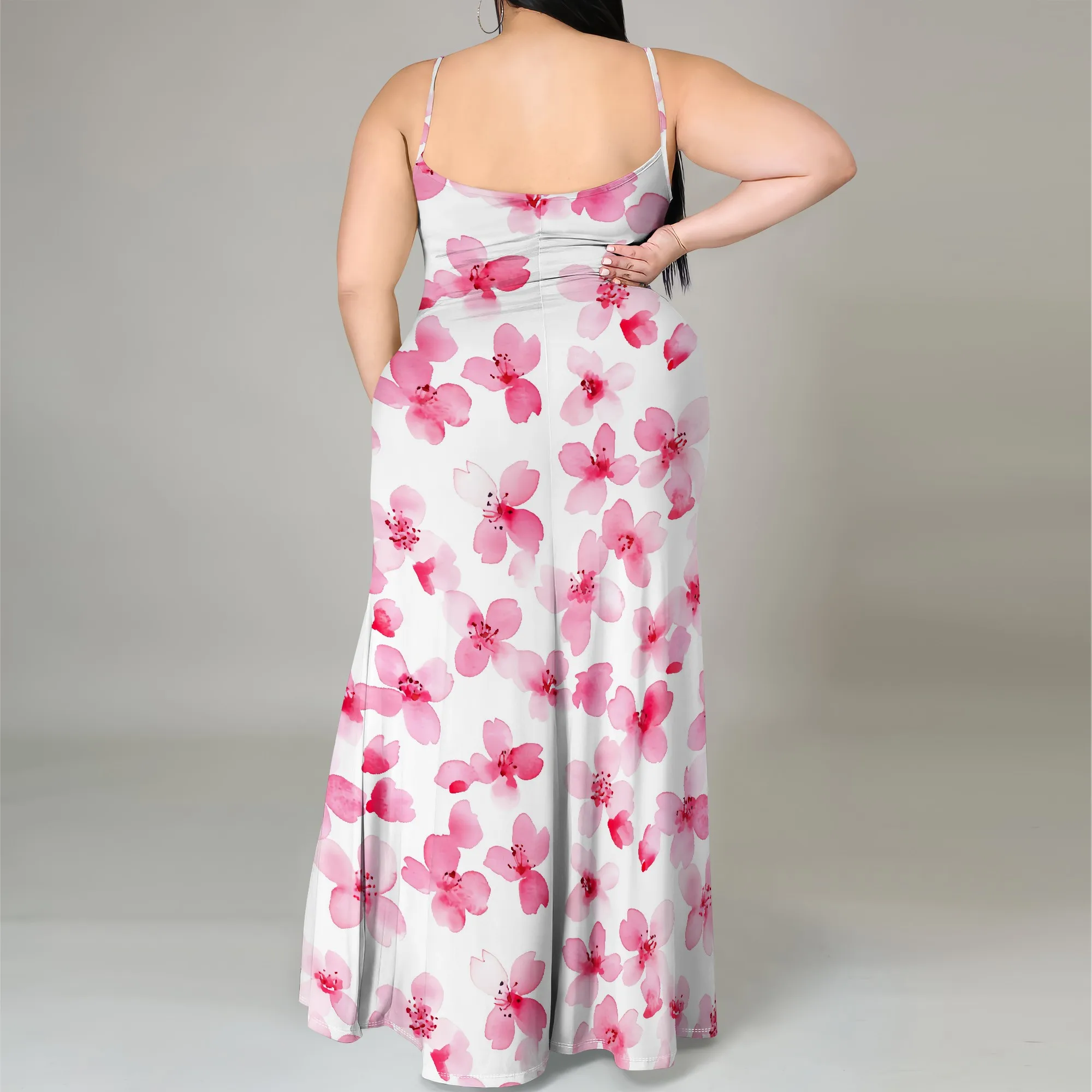 Womens Plus Size Maxi Dresses Summer Casual Romantic Watecolor Floral Pattern Long Dress Sleeveless Spaghetti Strap Beach Dress