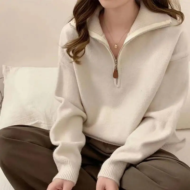 الكورية نصف زمم سترة المرأة الرجعية فضفاض رياضي بلوفر مغزول السيدات الخريف الشتاء رشاقته الدافئة طويلة الأكمام متماسكة لاعبا