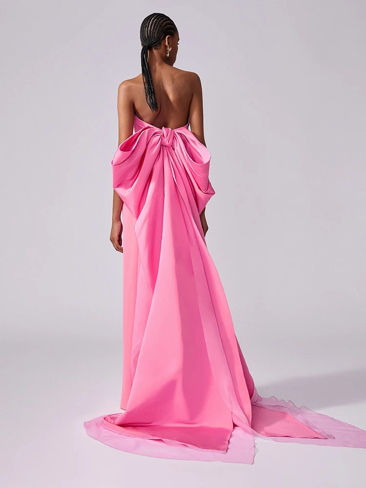 Abiti lunghi rosa senza spalline con fiocco oversize – Abito senza schienale con strascico lungo Abito da ballo per celebrazioni di compleanno, laurea scolastica